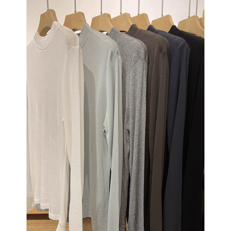 Футболка с маской из шерсти Tencel, женская ранняя осень, тонкий топ с длинными рукавами на правое плечо, белая внутренняя рубашка с половиной воротника-стойки