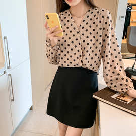 外贸女装实拍洋气秋季女装V领休闲宽松雪纺衫上衣套头衬衫女打底