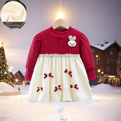 2023年冬季新款五個蝴蝶結絨厚連衣裙女童卡通小兔子裙女寶寶長袖