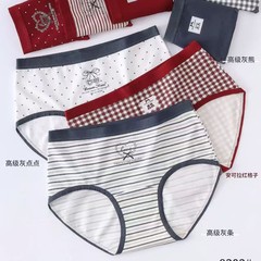 日系纯棉少女生内裤本命年安可拉红色条纹格子卡通中腰三角内裤女