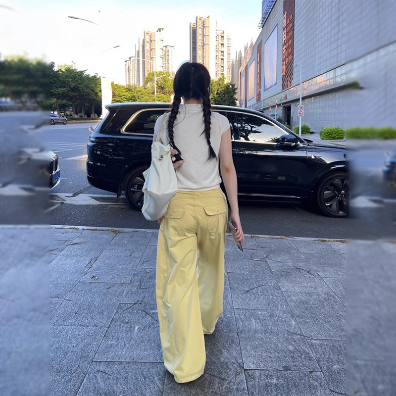 Yellow Cool and Stylish Work Pants for Women with Multiple Pockets, Loose Wide-Leg Pants, Extended Length Casual Denim Pants for Summer
