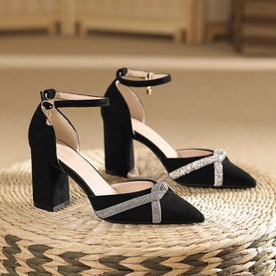 Chunky heel hollow pointed cross rhinestone strap high heels women suede solid color heel shoes women's one-strap widened plus size
