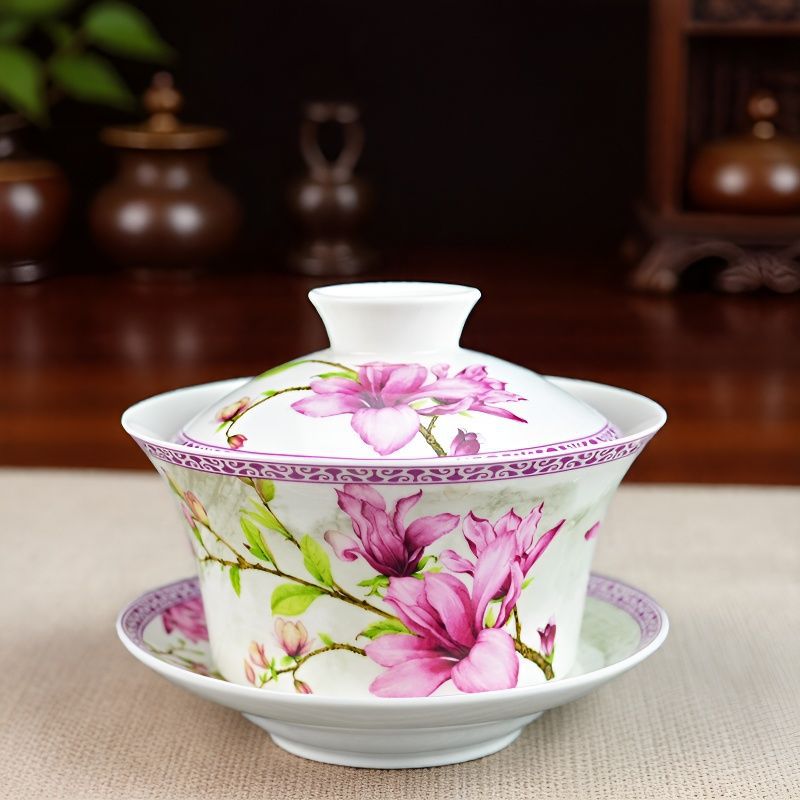 特大号5英寸陶瓷青花盖碗八宝茶三才碗牡丹花泡茶碗厂家支持logo