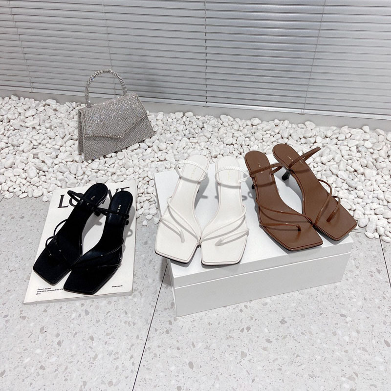 French Thin Strap Square Toe Thong Sandals for Women to Wear Outside 2025 Summer New Style Sexy Kitten Heel High Heel Sandals