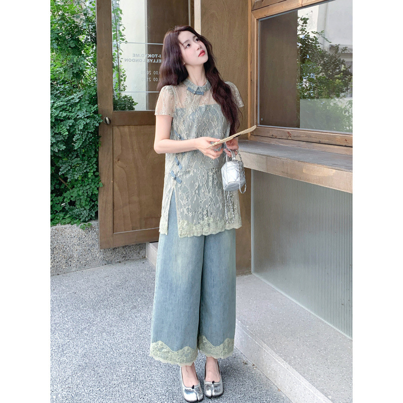 New Chinese-Style National Fashion Two-Piece Set for Women, 2026 Summer, Very Stylish Lace Top and Denim Wide-Leg Pants Outfit New Chinese-Style National Fashion Two-Piece Set for Women, 2026 Summer, Very Stylish Lace Top and Denim Wide-Leg Pants Outfit