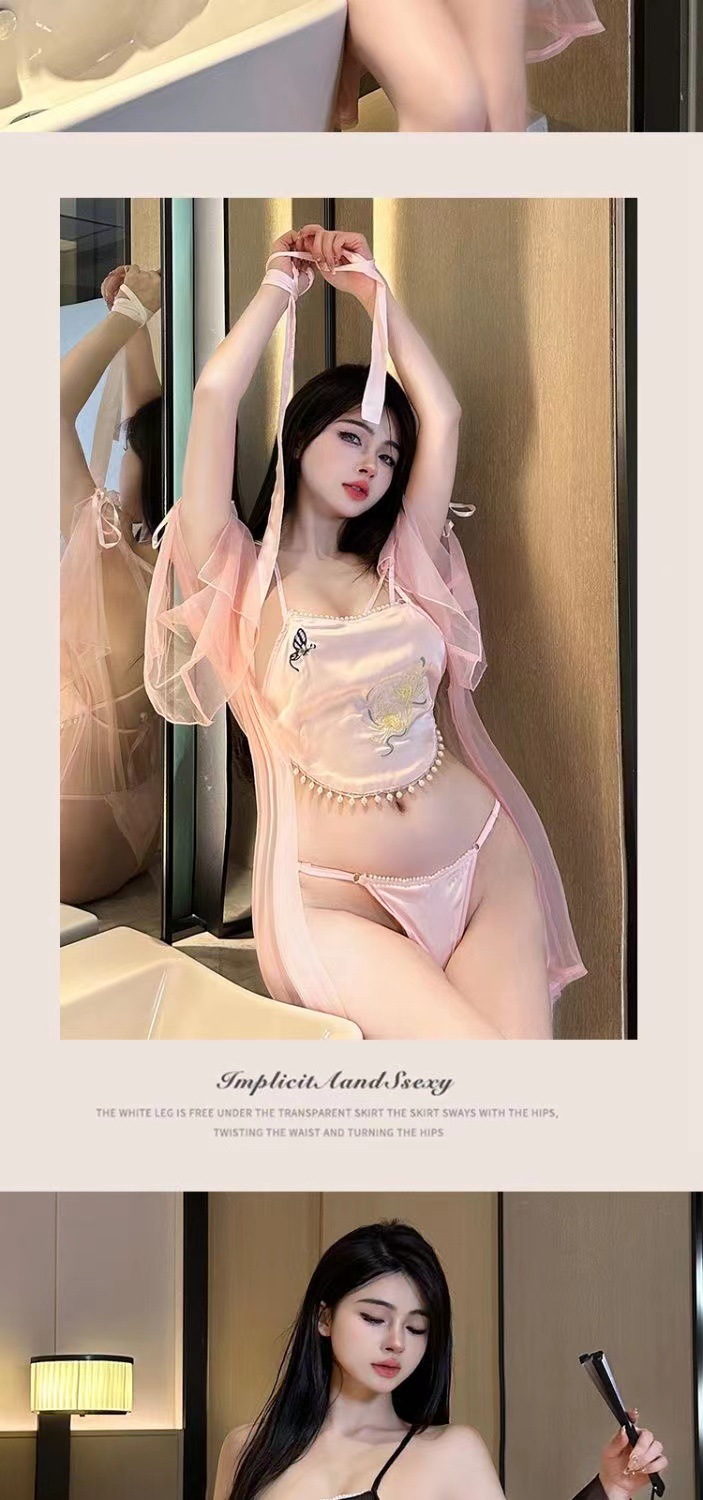 Retro Hanfu-Style Bellyband Dress, Chiffon Apricot Bridal Pajama Set — detail image 7