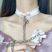 少女粉色荷叶花边皮质项圈铃铛项链牵引绳锁骨链甜酷风设计感软妹