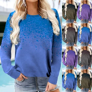 Women's Floral Printed Loose T-shirt with Round Collar and Long Sleeves