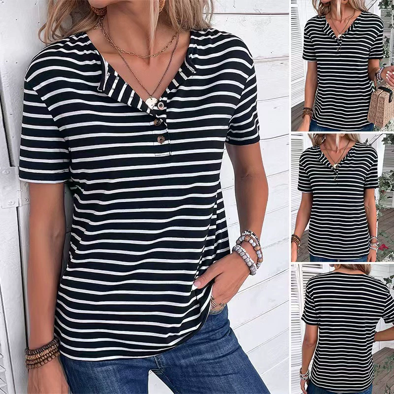 2024 весна и лето трансграничный взрыв в полоску с короткими рукавами футболка модная дикая круглая шина дышащая и свежая