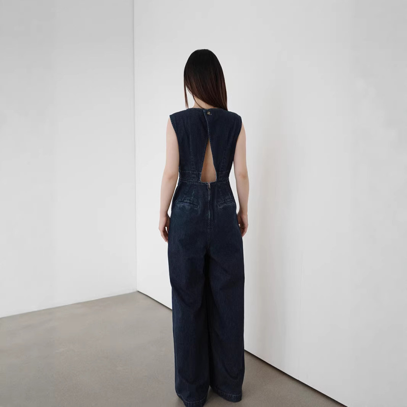 Spring and Summer New Japanese-Style Relaxed and Fashionable Denim Backless Jumpsuit Loose Wide-Leg Casual Jumpsuit for Women
