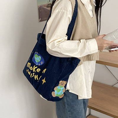 现货批发牛仔包ins复古风大容量百搭牛仔单肩包女2022新款托特包|ms