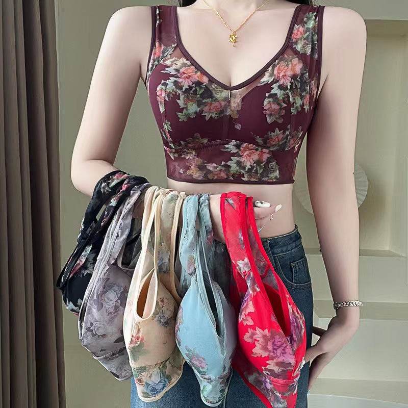 2024中老年人妈妈款文胸内衣一体式固定杯无钢圈印花加大码背心式