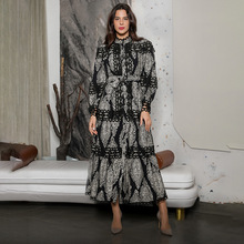 跨境亚马逊新款立领复古印花单排扣蕾丝花边拼接泡泡袖长款连衣裙