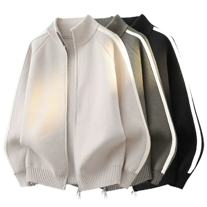 Explosiones transfronterizas de tamaño grande europeo a rayas cardigan jersey suéter chaqueta de hombre con cremallera fábrica de cuello vertical al por mayor