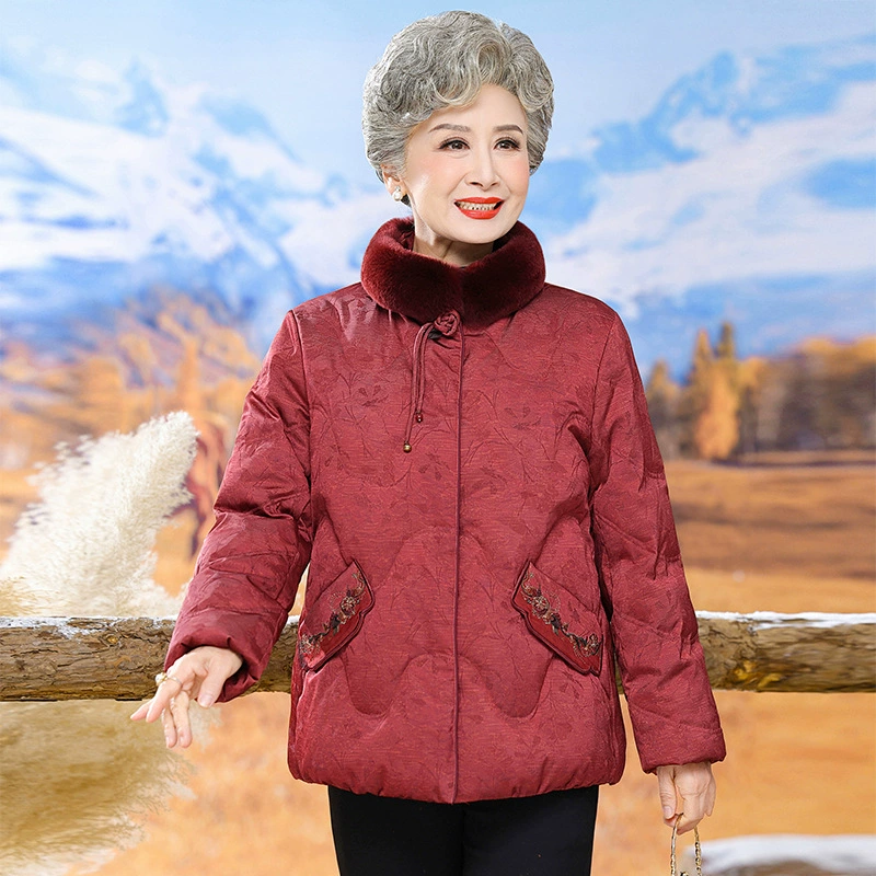 Пожилые люди осень и зима женская бабушка 70-80 лет новый пуховик с вышивкой шерстяной воротник толстый пальто короткая одежда