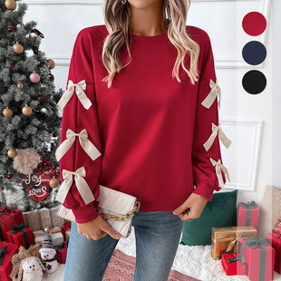 Amazon's Autumn and Winter Hot-Selling European and American Hot-Selling Sweet Style Tops Cross-Border Round Neck Bow Red Christmas Sweatshirt for Women