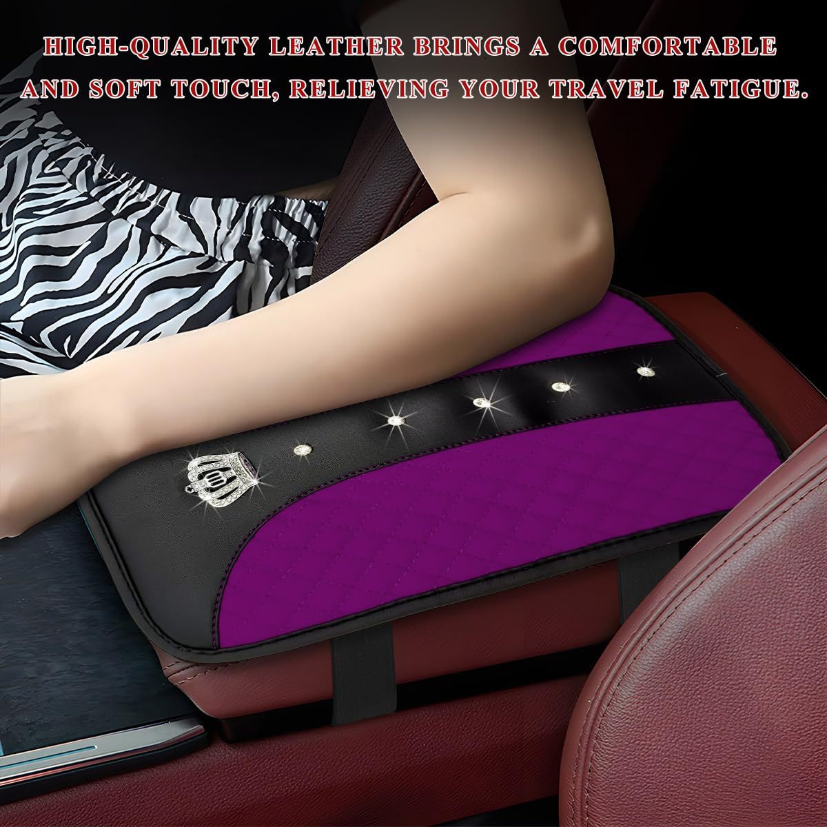 Car armrest box cushion, crown leather studded armrest box pad, armrest cover, three-dimensional quilted embroidery car interior accessory