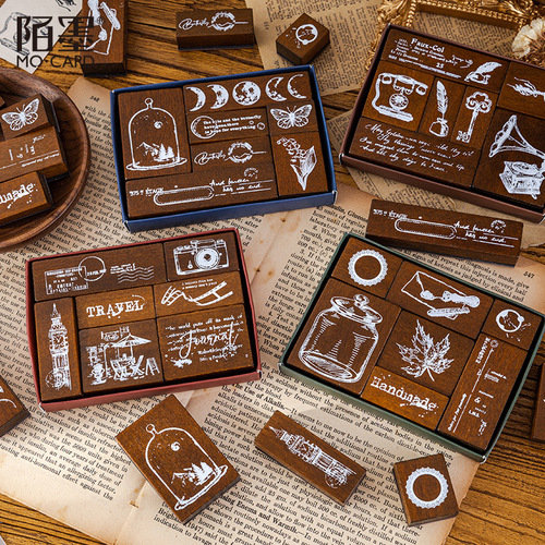 Momo Wooden Seal Set Memories of the Past Series DIY Stationery Handbook Decorative Prints 4 Types 7 Pieces
