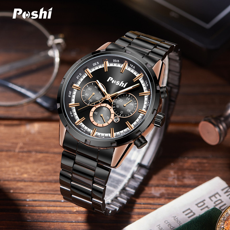 Poshi marca nuevos hombres reloj impermeable luminoso tendencia estudiante reloj de cuarzo hombres de acero refinado cinturón calendario