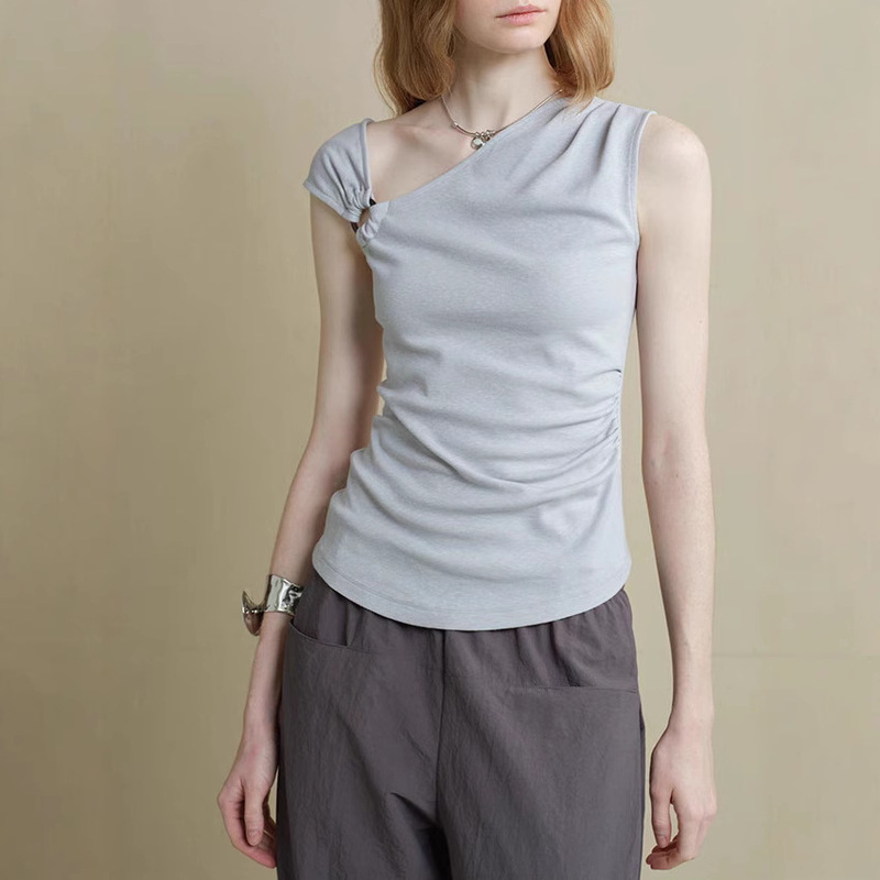 someone sometimes Original Design Irregular Shoulder Slant Knitted Vest Top Women's Short Sleeve