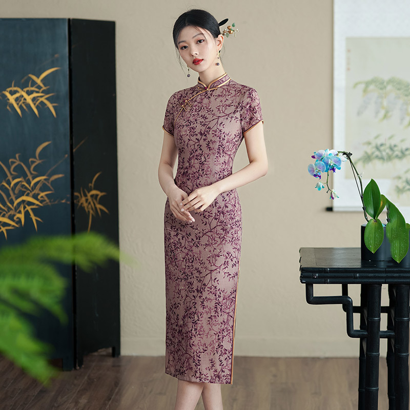 紫色傳統國風中式長款日常改良旗袍新款年輕款女復古修身短袖夏季