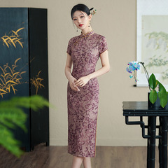 紫色傳統國風中式長款日常改良旗袍新款年輕款女復古修身短袖夏季