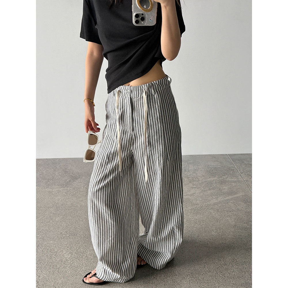 【王琪芝】韩系甜美松弛感休闲裤女春夏条纹阔腿抽绳阔腿裤WQ235
