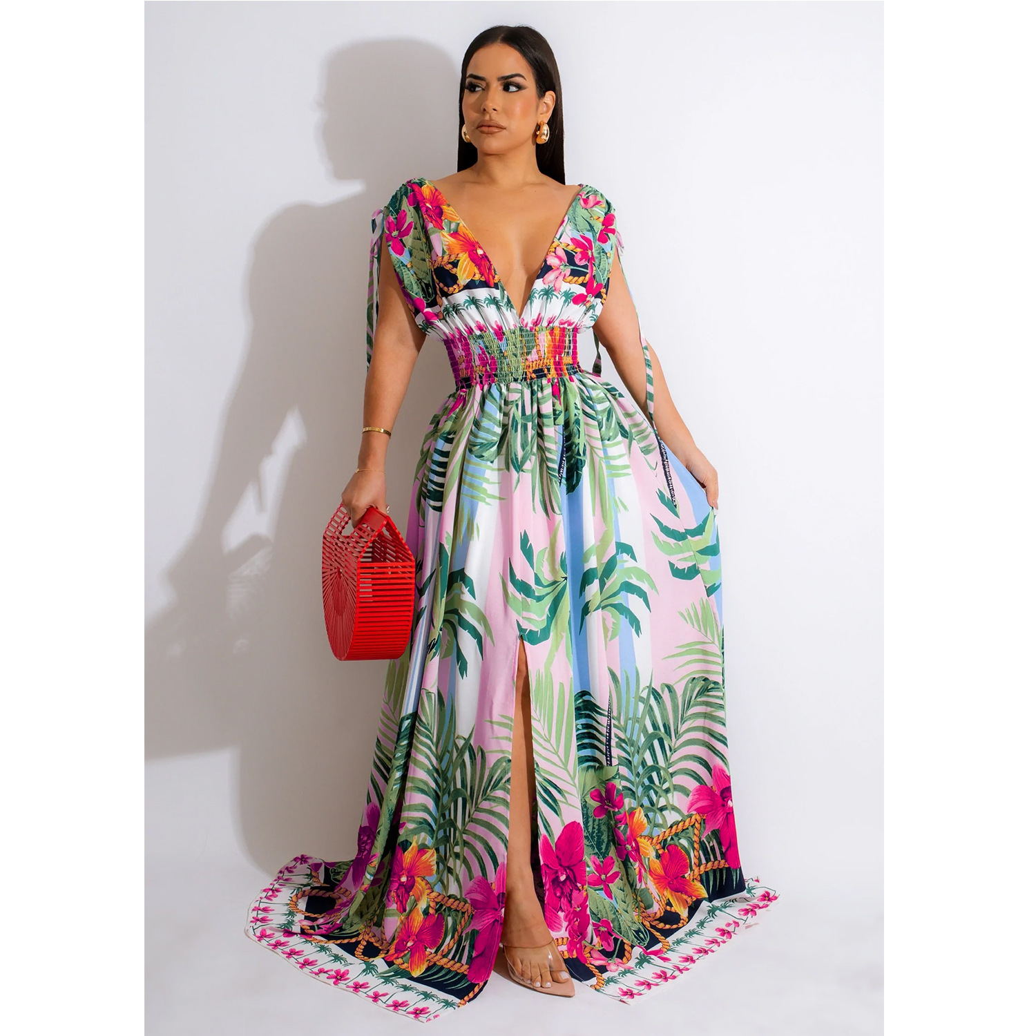 X6268 transfronterizo AliExpress Amazon europeo y americano de la moda de las mujeres pintado floral sin mangas en V vestido de las mujeres image 4
