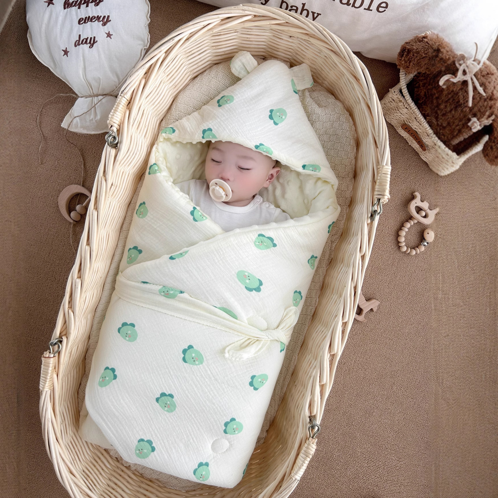 Newborn Peas Cashmere Dinosaur Package Newborn Baby Double-Layer Cushion Cotton Spring, Autumn and Winter Baby's Birth Room Swaddling
