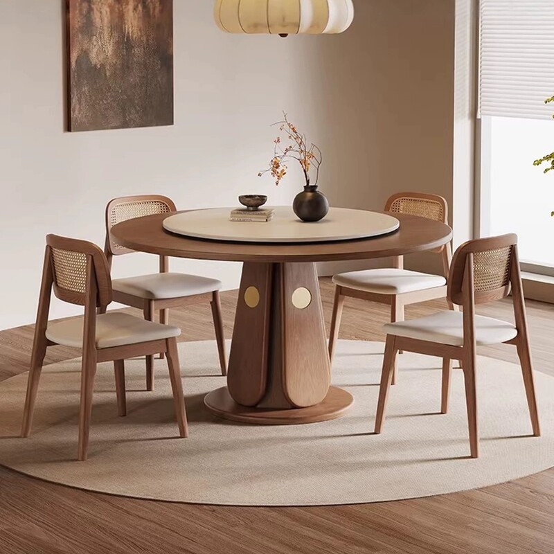 New Vintage-Style Round Solid Wood Dining Table and Chair Set, Song-Style Aesthetic Retro Home-Use Round Table with Rotating Tray New Vintage-Style Round Solid Wood Dining Table and Chair Set, Song-Style Aesthetic Retro Home-Use Round Table with Rotating Tray
