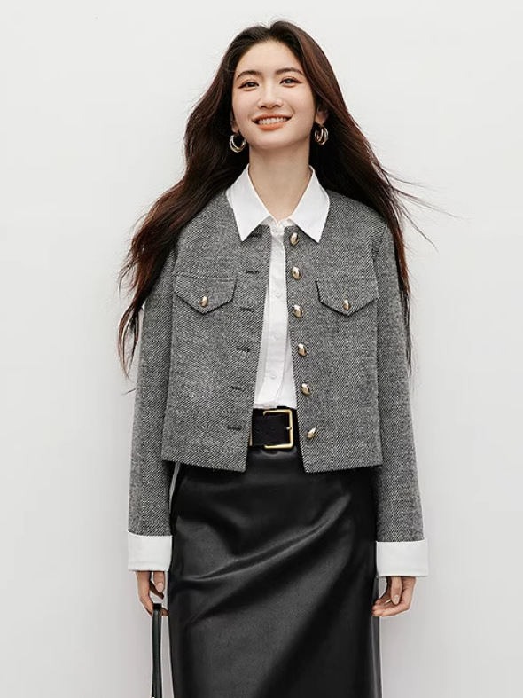 袖家独特漂亮的短外套2025秋季新款女装小香风粗花呢撞色正肩夹克|undefined