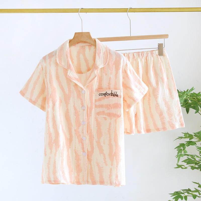 Women's Pajamas Pure Cotton Short Sleeve Short Pants Summer Couple Double-layer Cotton Yarn