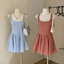 清仓不退换学院风撞色格子吊带连衣裙夏季2025新款纯欲风A字短裙W