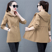 纯色收腰连帽中长款风衣外套女春秋松紧腰修身显瘦休闲拉链开衫潮