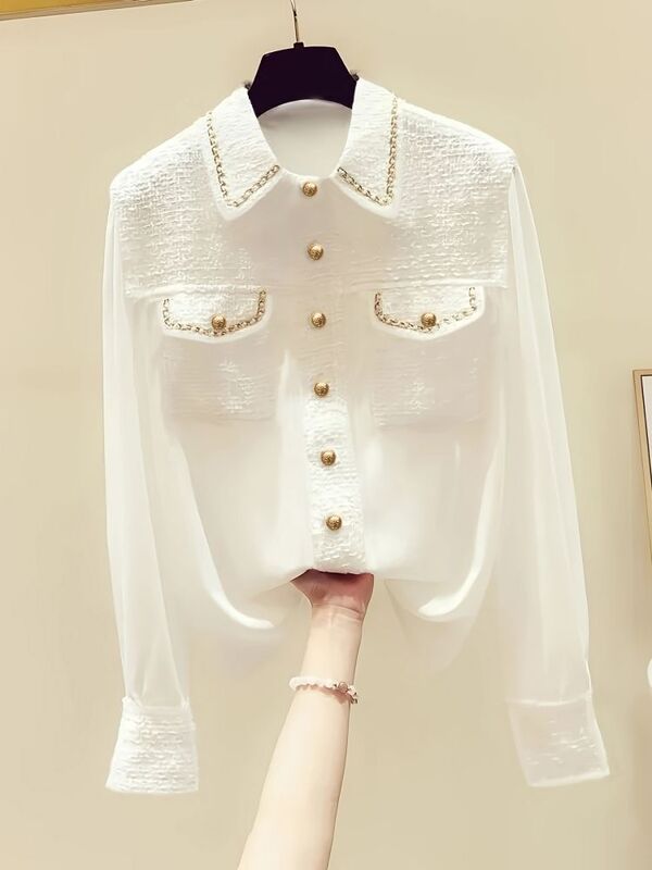 White Shirt for Women, 2025 Spring, Chanel-Style, Fashionable, High-Quality, Versatile Long-Sleeve Top, Elegant Queen Trend White Shirt for Women, 2025 Spring, Chanel-Style, Fashionable, High-Quality, Versatile Long-Sleeve Top, Elegant Queen Trend