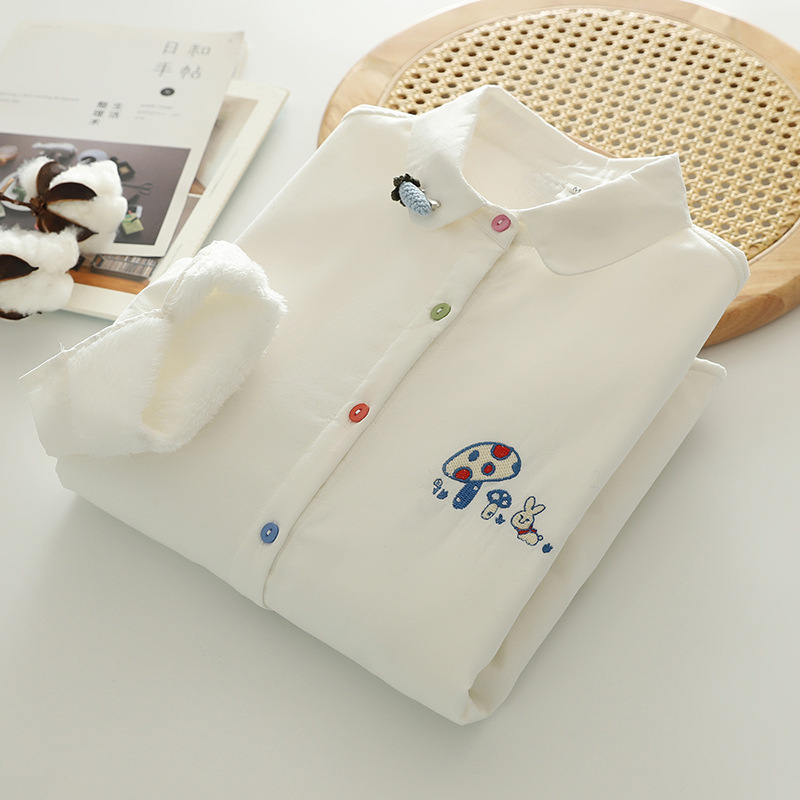 Winter New Style Age-Reducing Mushroom Embroidery Colorful Button Fleece-Lined Long-Sleeve Shirt for Women 2025 Winter Thickened Warm Shirt Winter New Style Age-Reducing Mushroom Embroidery Colorful Button Fleece-Lined Long-Sleeve Shirt for Women 2025 Winter Thickened Warm Shirt