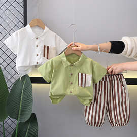 外贸童装儿童短袖套装1-5岁宝宝夏装2024新款男童夏季衬衫两件套