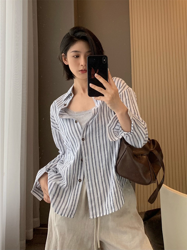 韩系蓝白竖条纹衬衫女夏季薄款宽松韩版纯棉镂空设计感长袖防晒衫|undefined