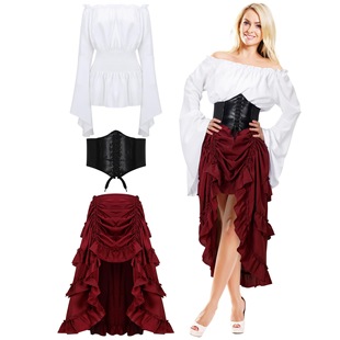 Women Pirate Costume Renaissance Peasant Top Corset Belt Pirate