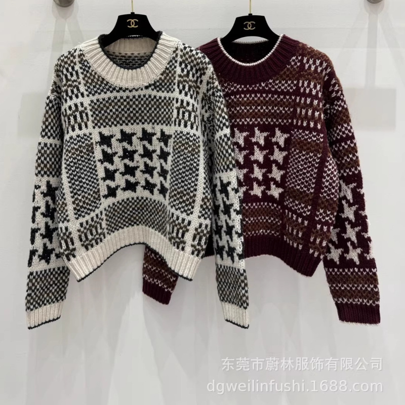 Bc High-End Version 2025 Autumn and Winter New Houndstooth Pattern Knitted Sweater Top Round Neck Long-Sleeved Wool Sweater for Women Bc High-End Version 2025 Autumn and Winter New Houndstooth Pattern Knitted Sweater Top Round Neck Long-Sleeved Wool Sweater for Women