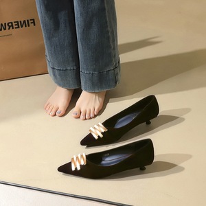 2377-K215 Korean style low heeled suede women's shoes with pointed shallow mouth metal buckle, fashionable single s