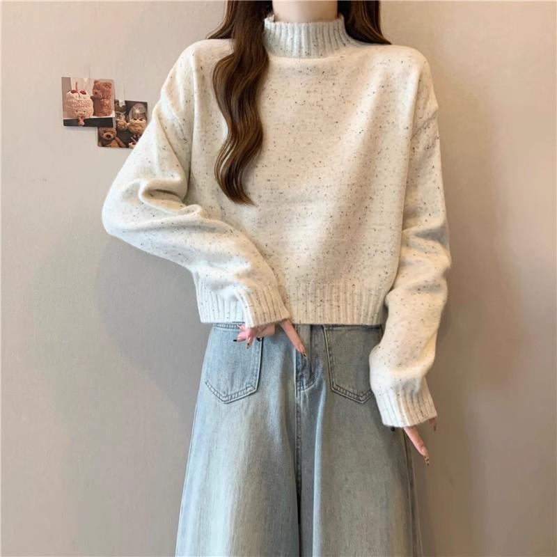 Korean Style Simple and Versatile Half Turtleneck Knitwear for Women in Autumn and Winter New Pure Color Short Inner Layering Knitwear Tops