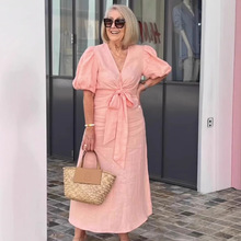 外贸女装2025年春夏新款亚马逊V领系带泡泡袖棉质连衣裙欧美风