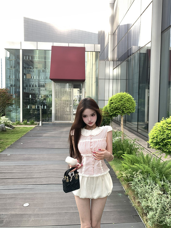 Kit少女集/法式甜心感减龄波点娃娃衫醋酸花苞短裤套装|undefined