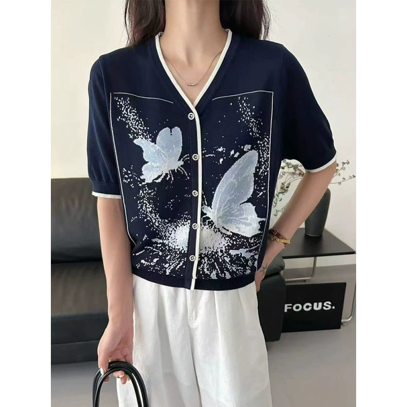 Новый летний простой свободный и универсальный модный повседневный топ из ледяного шелка с v-образным вырезом и короткими рукавами, облегающий силуэт