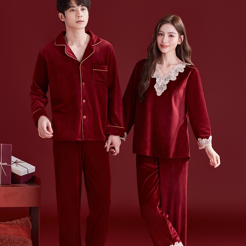 Pajamas for newlyweds, a couple's set for the wedding, red island velvet, autumn/winter, groom and bride, wedding attire, men's and women's loungewear
