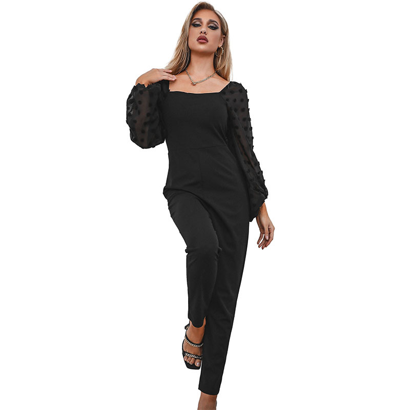 Black Lace Spliced Slim-fitting Long-sleeved Jumpsuit_voghion.com