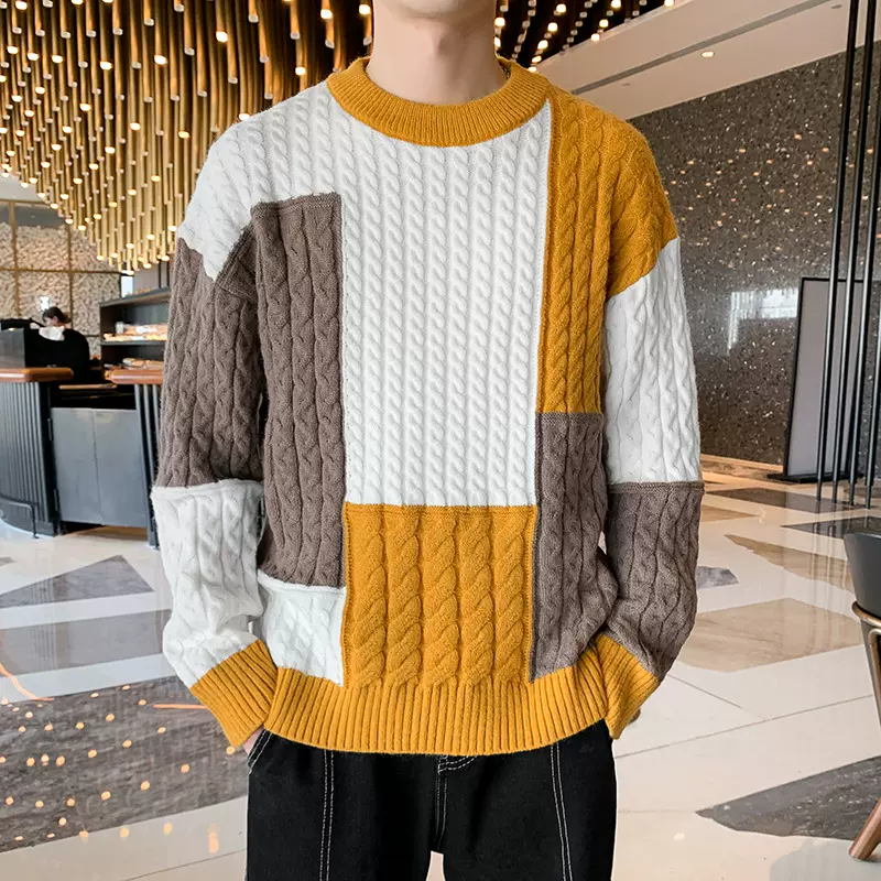 撞色毛衣男20234秋冬季潮牌针织衫冬天宽松羊毛衫圆领加厚保暖线