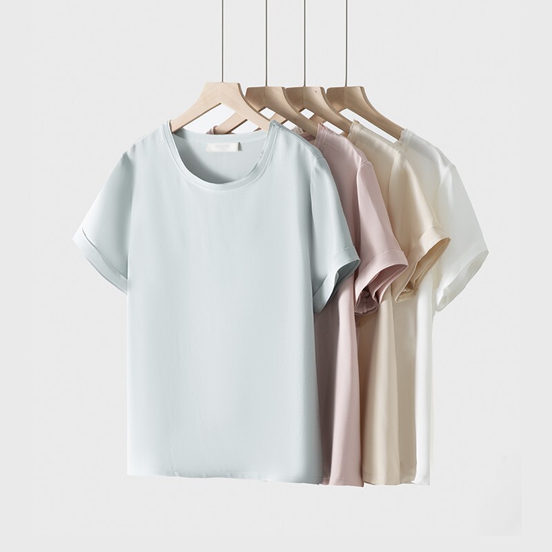 Premium 40mm Silk Short-Sleeve T-Shirt for Women, 100% Mulberry Silk, Casual, Slim-Fit, Simple Solid Color Top for Daily Wear and Commuting