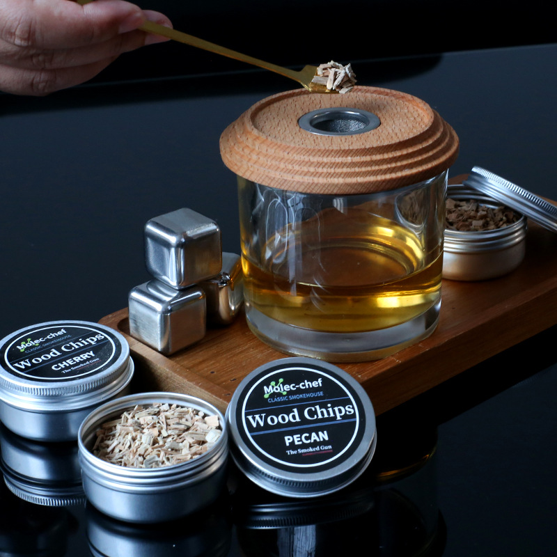 Cóctel de madera de comercio exterior transfronterizo tapa de ahumador mezclador de whisky personalizado juego completo de ahumado de madera